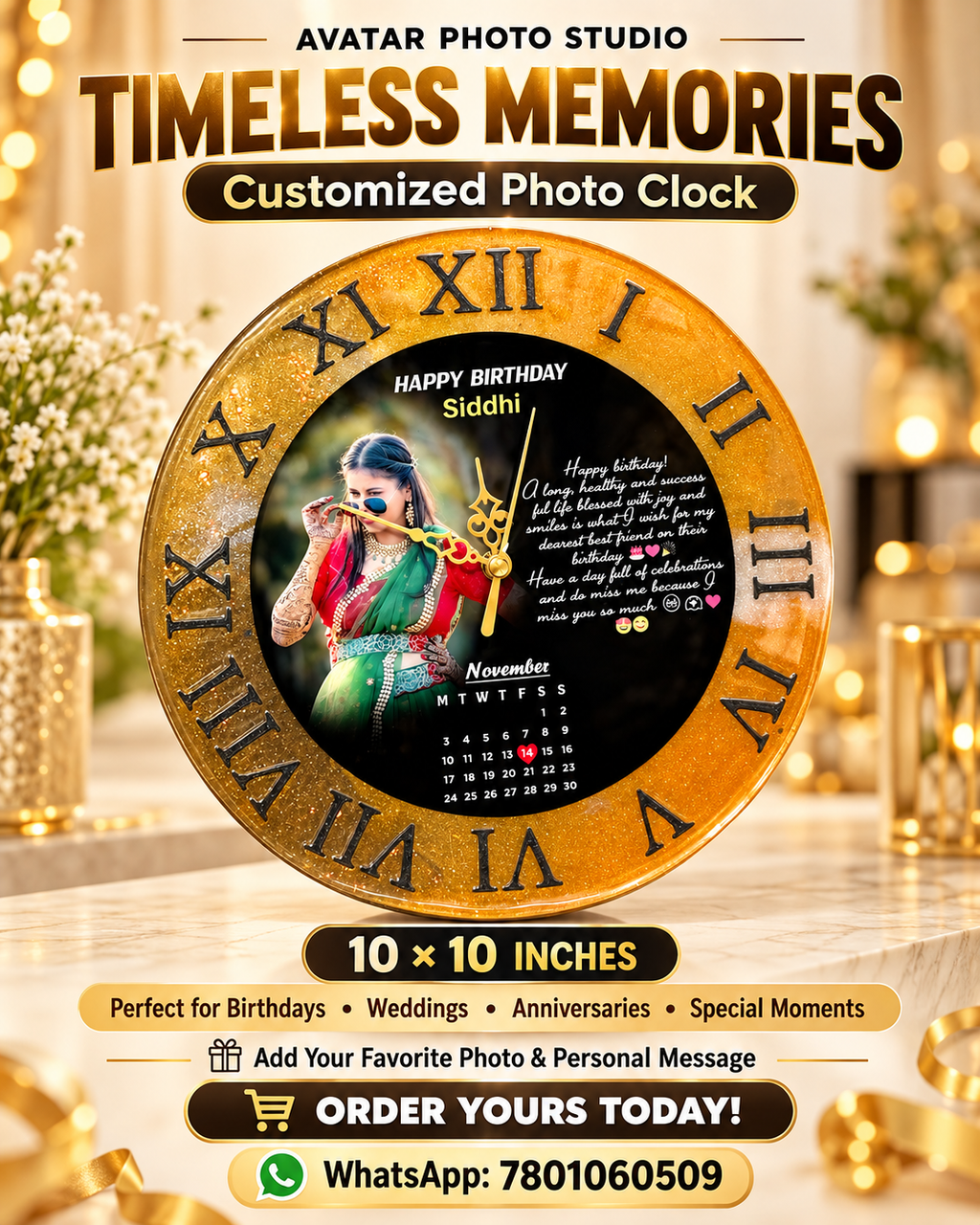 Personalized Photo Wall Clock | 10×10 Inch | Customized Birthday & Anniversary Gift