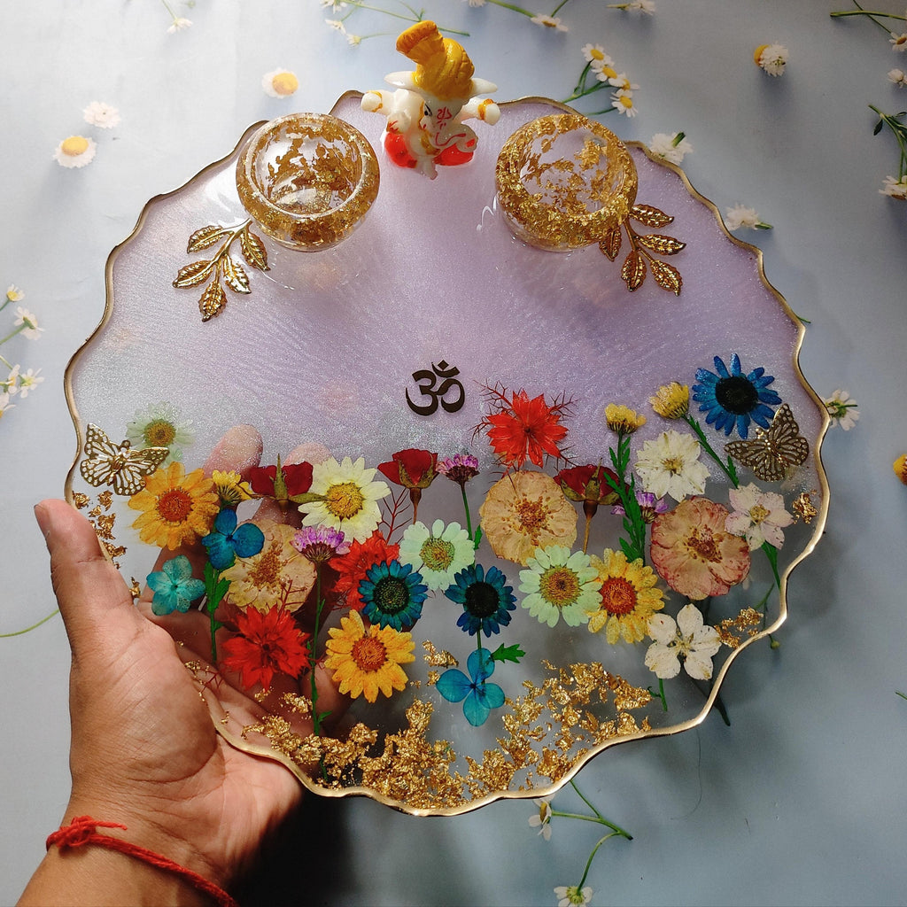 Resin Pooja Thali 8 x 8 inch I Traditional Pooja Thali for Festivals, Weddings & Gifting