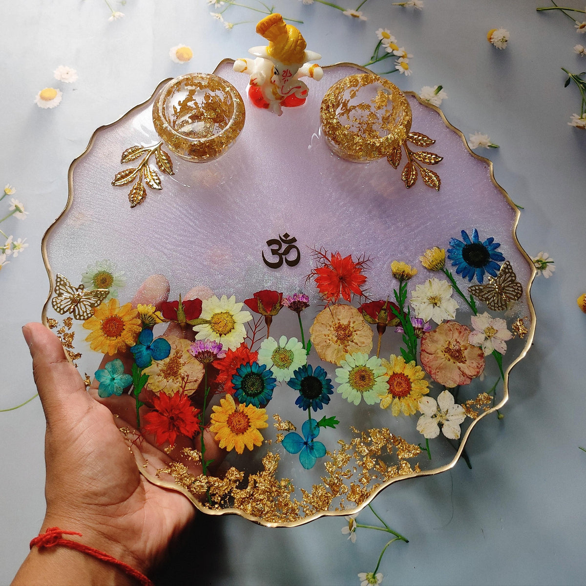Resin Pooja Thali 8 x 8 inch I Traditional Pooja Thali for Festivals, Weddings & Gifting