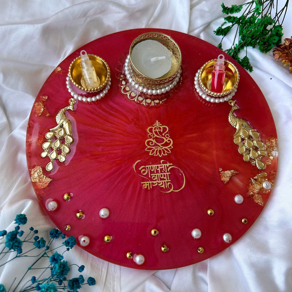Resin Pooja Thali 8 x 8 inch I Traditional Pooja Thali for Festivals, Weddings & Gifting